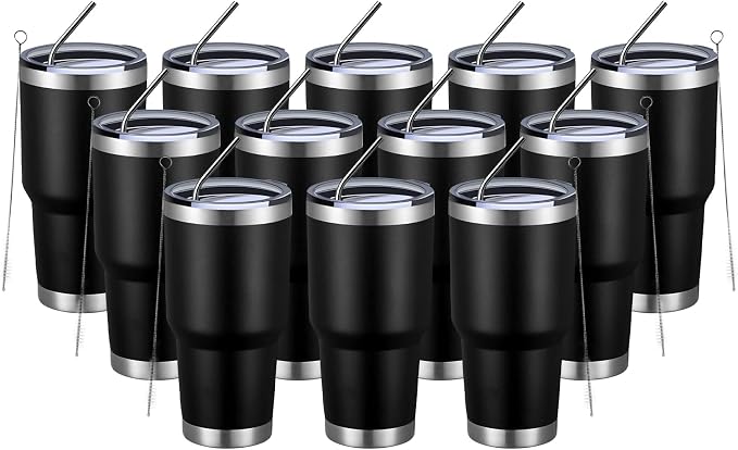 MEWAY 30oz Insulated Tumbler With Lids and Straws,Stainless Steel Double Vacuum Coffee Tumbler Cup, Brush, Durable Powder Coated Coffee Cup for Cold & Hot Drinks, Office, Travel(Black,12 PACK) by MEWAY