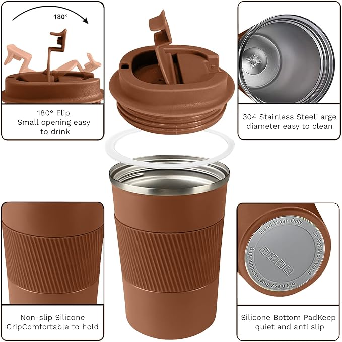 YINBAOGE Insulated Travel Coffee Mug, Spill & Leak Proof, Portable To Go Camping Stainless Steel Coffee Tumbler, Reusable Thermal Coffee Cup with Lid for Hot & Cold Drinks (Brown, 12 OZ) - Image 2