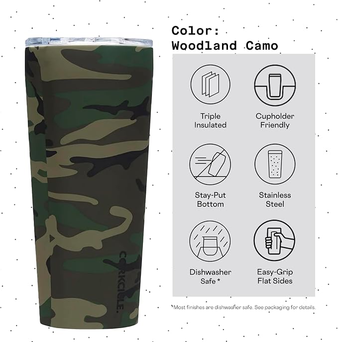Corkcicle Classic Tumbler - Insulated Stainless Steel Travel Cup - Cold & Hot Drinks - Reusable - Durable - Spill Proof Lid - Non-Slip Silicone Base - Easy Grip - BPA Free - 24 oz - Woodland Camo - Image 4