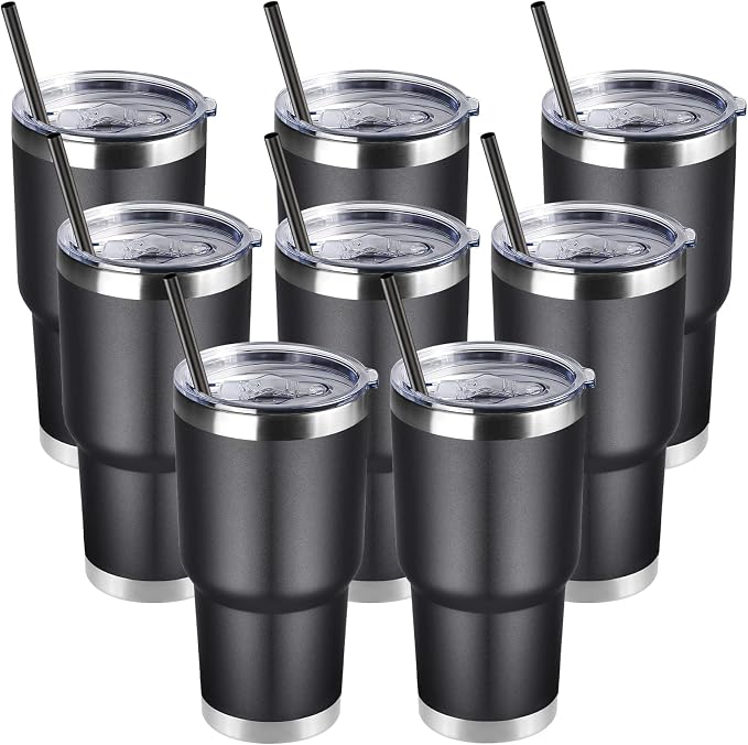 DOMICARE 30oz Tumbler Bulk with Lid and Straw, Double Wall Travel Coffee Mug, Insulated Vacuum Stainless Steel Tumblers, Powder Coated Tumbler Cup (Black, 8) by VisittheDOMICARE