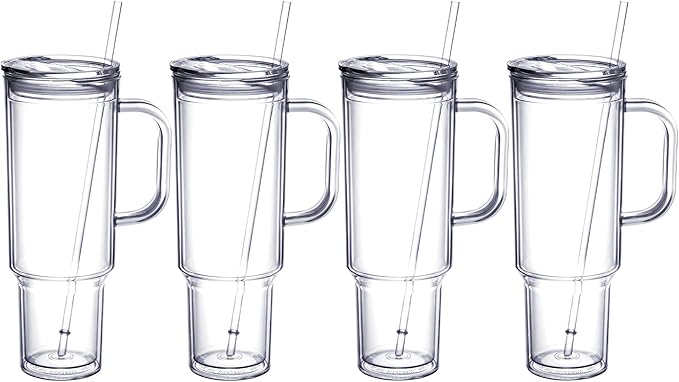 MEWAY 40 oz Acrylic Tumbler with Handle and Straw Lid，Double Wall Vacuum Reusable plastic Water Bottle Travel Mug Cup，Classic Tumblers Cupholder Friendly (4 Pack) by MEWAY