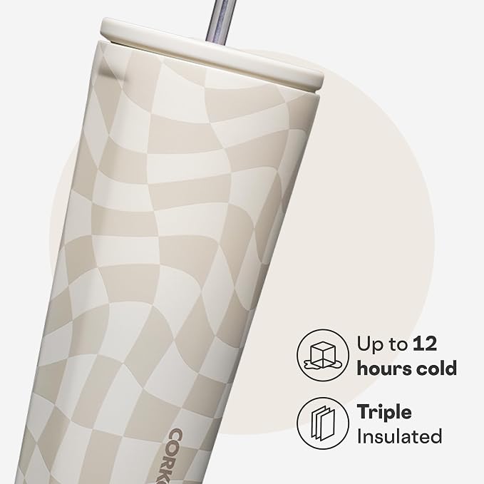 Corkcicle Cold Cup - Triple Insulated Tumbler with Straw - 12 Hours Cold - Leak-Resistant Lid - Easy Grip - Non-Slip Bottom - Summer Drinkware Gift - Keeps Drinks Ice Cold - 24 oz - Wavy Checkerboard - Image 3