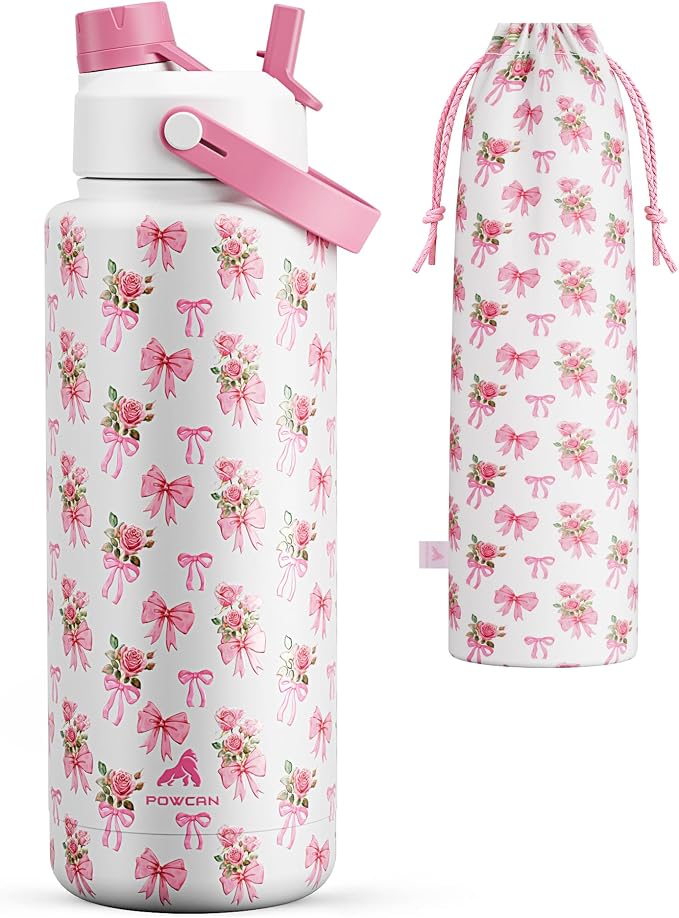 POWCAN 40 oz Insulated Water Bottle with 2-in-1 Straw and Spout Lid, Keep Cold 24H, Leak-Proof, BPA-Free, Double Wall Stainless Steel Water Bottle for Sports, Gym, Travel, Gift, Holiday (Rosy Bouquet) by POWCAN