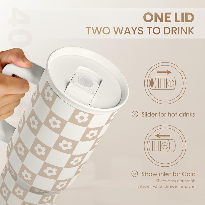 SANDJEST Checker Tumbler with Handle and Straw 40oz – Stainless Sleel Slider Tumbler Travel Coffee Mug for Women - Gift Idea for Birthday Christmas - Image 5