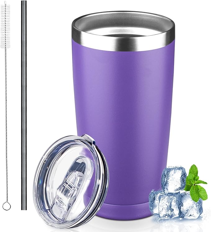 20 oz Tumbler with Lids and Straws, Stainless Steel Insulated Coffee Tumbler, Double Wall Vacuum Insulated Travel Mug Cup, Leakproof Thermal Coffee Cup for Hot and Cold Drinks (purple) by GUDEMAO