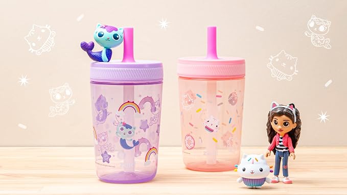 Zak Designs Gabby's Dollhouse Kelso Toddler Cups For Travel or At Home, 15oz 2-Pack Durable Plastic Sippy Cups With Leak-Proof Design is Perfect For Kids Cakey Cat, Mercat - Image 9