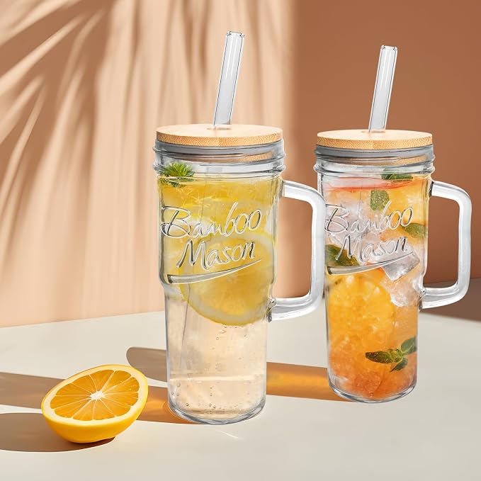 ANOTION Glass Cups with Lids and Straws - 24 oz Tumbler with Handle Christmas Coffee Cups Glass Straws Mason Jar Cups Drinking Set Kitchen Essentials Coffee Bar House Warming Gifts New Home - Image 3
