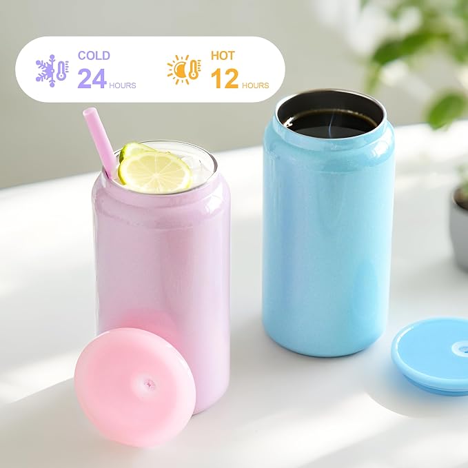 6 Pack Glass Cups with Lids and Straws Unbreakable 16 oz Stainless Steel Can Cup Double Wall Insulated Beer Can Tumbler for Iced Coffee, Juice, Soda, Iridescent-Colored - Image 3