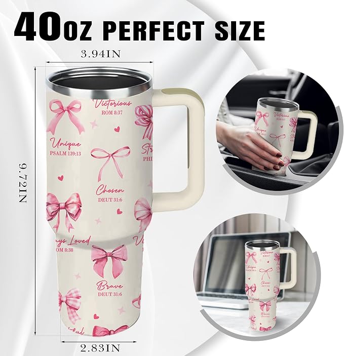 Christian Gifts for Women, 40 oz God Says I am Pink Tumbler with Handle, Inspirational Religious Birthday Gifts, Spiritual Catholic Faith Jesus Bible God Prayer Gift for Pink Bow Christian Cup - Image 7