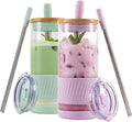 Pandaloo® Glass Cups With Lids and Straws -20 Fl Oz- Perfect Size Iced Coffee Cup - Smoothie Cup With Bamboo Lid and On the go Lid - Glass Tumbler (2 Count (Pack of 1), Lilac-Sage) by Pandaloo
