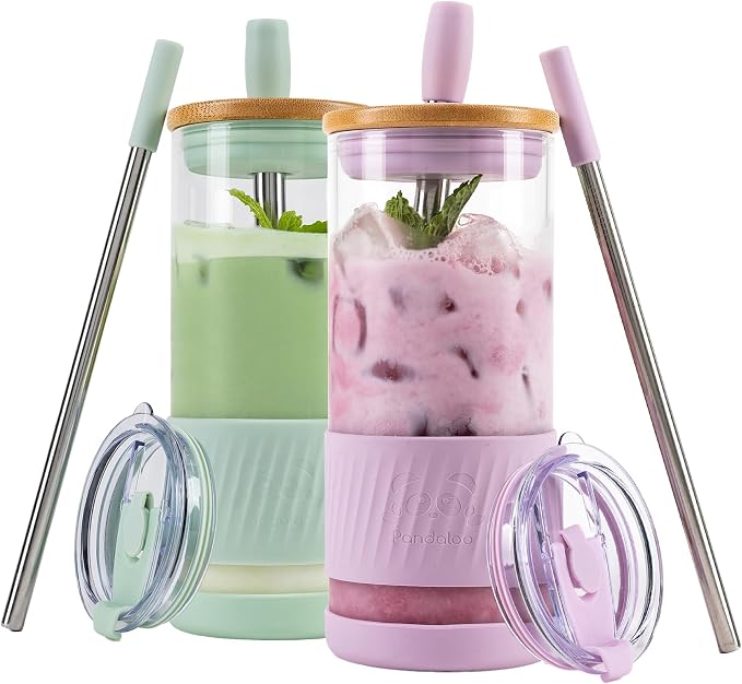 Pandaloo® Glass Cups With Lids and Straws -20 Fl Oz- Perfect Size Iced Coffee Cup - Smoothie Cup With Bamboo Lid and On the go Lid - Glass Tumbler (2 Count (Pack of 1), Lilac-Sage) by Pandaloo