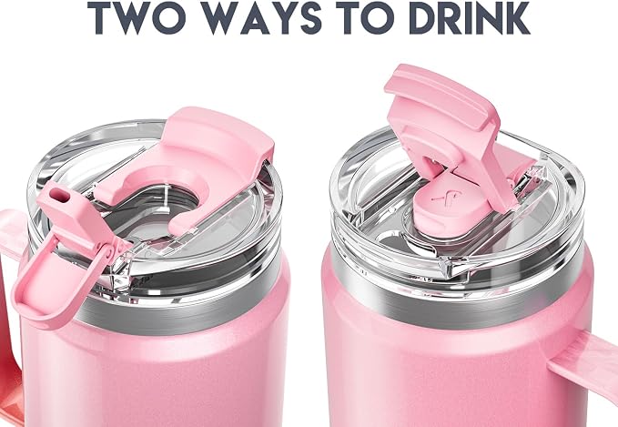 Meoky 32 oz Tumbler with Handle, Insulated Tumbler with Lid and Straw, Stainless Steel Travel Mug, 100% Leak Proof, Keeps Cold for 24 Hours or Hot for 8 Hours, Fits in Car Cup Holder (Flamingo) - Image 4