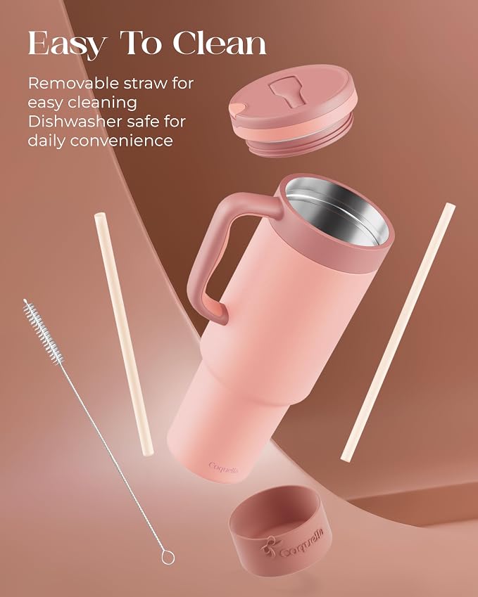 40 oz Insulated Tumbler with Handle and Push-Button Straw Lid, Stainless Steel Travel Cup for Gym Office, Leakproof, BPA-Free, Cup Holder Friendly, Bow Silicone Boot, (Peach Roasted) - Image 6