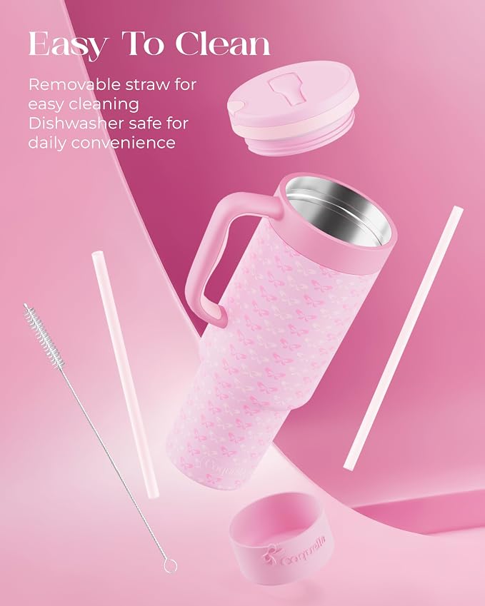 40 oz Insulated Tumbler with Handle and Push-Button Straw Lid, Stainless Steel Travel Cup for Gym Office, Leakproof, BPA-Free, Cup Holder Friendly, Bow Silicone Boot, Pink (Coquette Candy) - Image 6