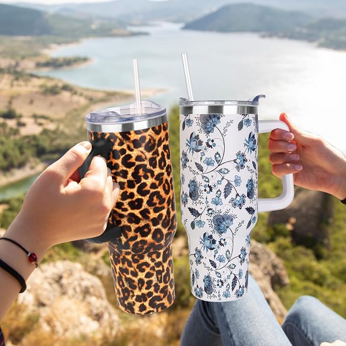 SYACOT 40 oz Tumbler with Handle and Straw Stainless Steel Insulated Tumbler Leak Proof Lid and Straw Lid Reusable Travel Mug Coffee Mug Cup Dishwasher Safe Keep Drinks Cold and Hot (Leopard) - Image 6