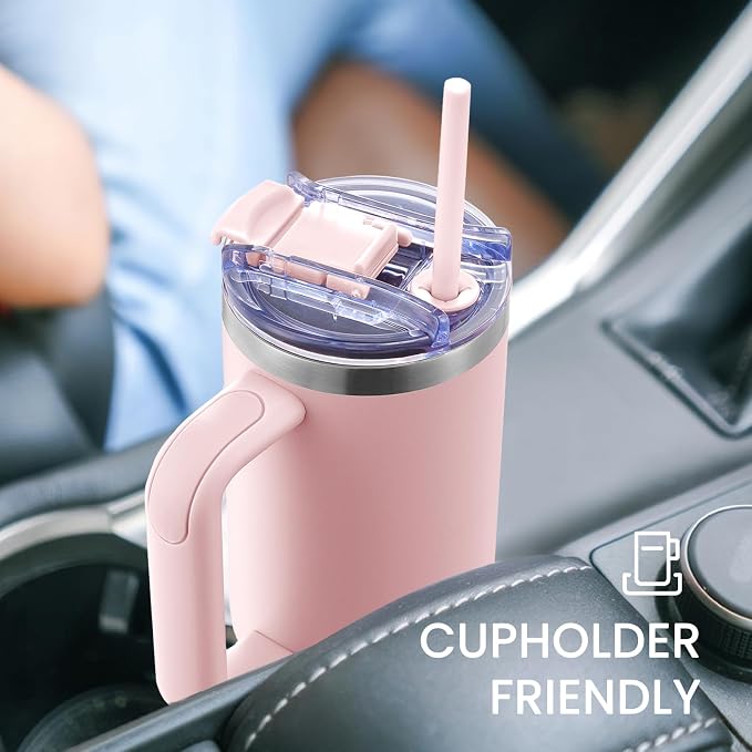 30 oz Tumbler with Handle, Tumbler with Lid and Straw, Double Wall Vacuum Insulated Travel Mug Stainless Steel Tumbler for Hot and Cold, Cupholder Friendly (Pink) - Image 5