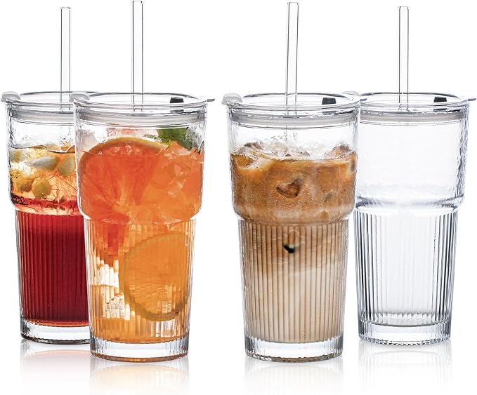 20oz Glass Tumblers with Lids and Straws, Set of 4 - Stylish Ribbed Design Drinking Glasses for Iced Coffee Cups, Juice, Smoothies, Cold Beverages, Includes Cleaning Brush, Durable Glassware by SoulTimes
