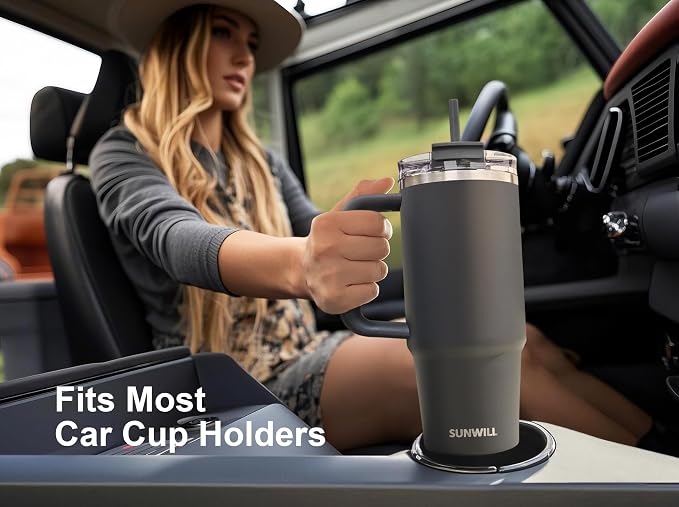 SUNWILL Travel Coffee Mug with Lid, 30 oz Tumbler with Handle and Straw Leak Proof, Stainless Steel Cup Insulated for Office & Camping, Cupholder Friendly, Powder Coated Charcoal - Image 6