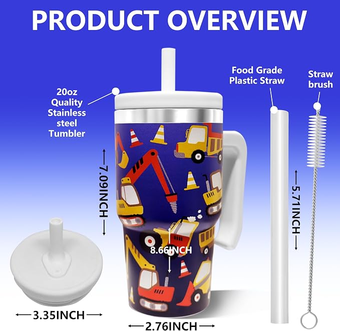 2PCS 20-OZ Insulated Water Bottle,Insulated Stainless Steel Tumbler,Reusable Cold Drink Thermos,BPA-Free, Double-Wall Stainless Steel Water Bottle (Dark Blue-Construction Trucks, 20, Fluid Ounces) - Image 2