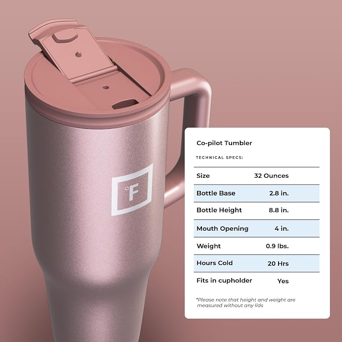 IRON °FLASK Co-Pilot Insulated Mug w/Straw & Flip Cap Lids - Cup Holder Bottle for Hot, Cold Drink - Leak-Proof - Water, Coffee Portable Travel Mug - Rose Gold, 32 Oz - Image 9