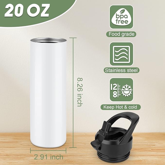 8 Pack 20oz Sublimation Tumbler Set Triple-Insulated Stainless Steel Sports Water Bottle with Straw Lid Blank Sublimation Cup with DIY Stickers, Shrink Wrap, Rubber Base, Heat Tape for Heat Transfer - Image 3