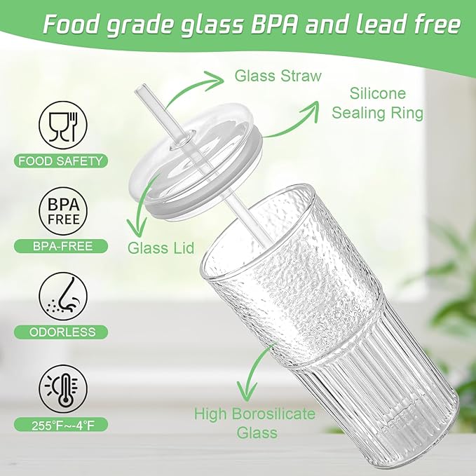 Luiaiog Glass Cups with Lids and Glass Straws, High Borosilicate 20OZ Tumblers (4Pcs) for Coffee, Tea, Juice, Smoothies, Hot/Cold Drinks at Home, Office - Image 3