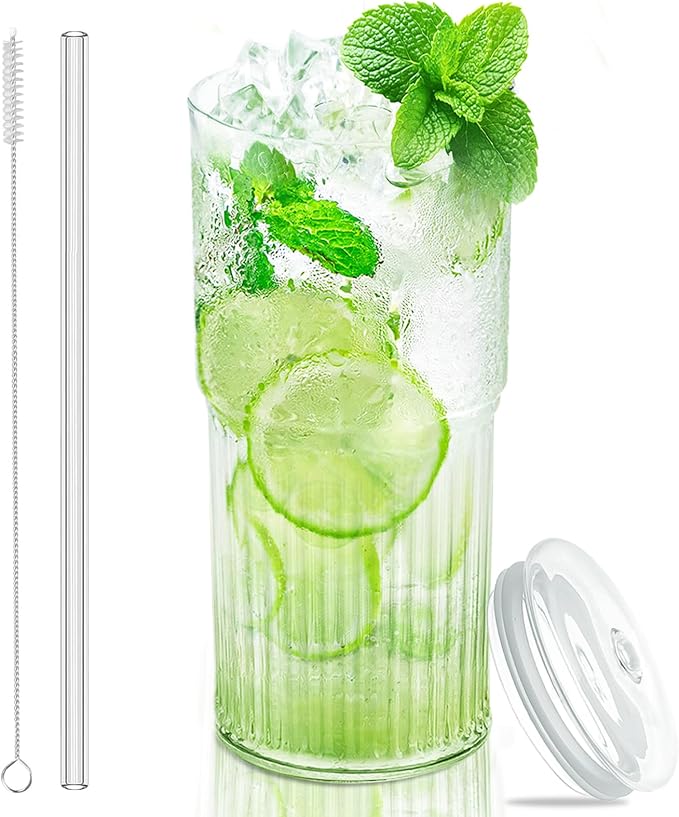 Luiaiog Glass Cups with Lids and Glass Straws, High Borosilicate 20OZ Tumblers for Coffee, Tea, Juice, Smoothies, Hot/Cold Drinks at Home, Office by Luiaiog