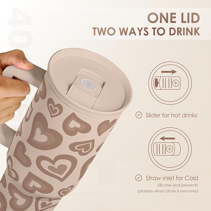 SANDJEST Heart Tumbler with Handle and Straw 40oz – Stainless Sleel Slider Tumbler Travel Coffee Mug for Women - Gift Idea for Birthday Christmas Valentine's Day - Image 4