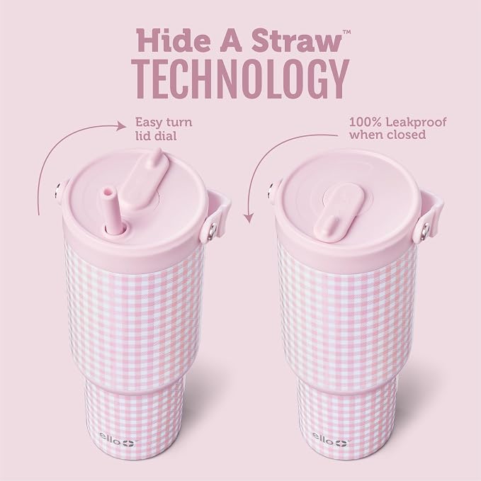 Ello Oasis Go+ 32oz Tumbler with Top Handle and Retracting Straw | Reusable Insulated Stainless Steel Cup, 100% Leakproof Water Bottle, 24 Hours Cold, Cup Holder Friendly For Travel | Pink Gingham - Image 2