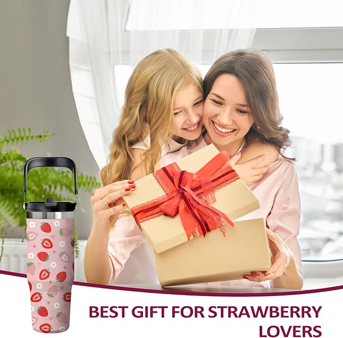 Red Strawberry Tumbler 30oz with Handle - Cute Strawberry Design Water Bottle, Insulated Stainless Steel Cup for Women & Girls, Leakproof Travel Mug, Sweet Birthday Gift for Her - Image 7