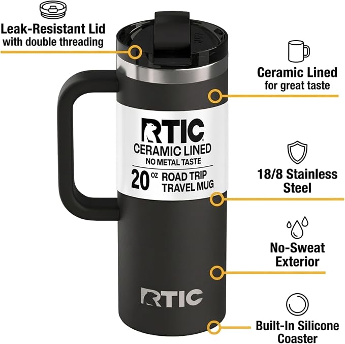 RTIC 20oz Road Trip Travel Mug with Lid and Handle, Ceramic Lined, Insulated, Stainless Steel, Metal, Double Wall Vacuum-Insulation, Portable Coffee, Tea Cup for Hot and Cold Drink, Midnight - Image 2