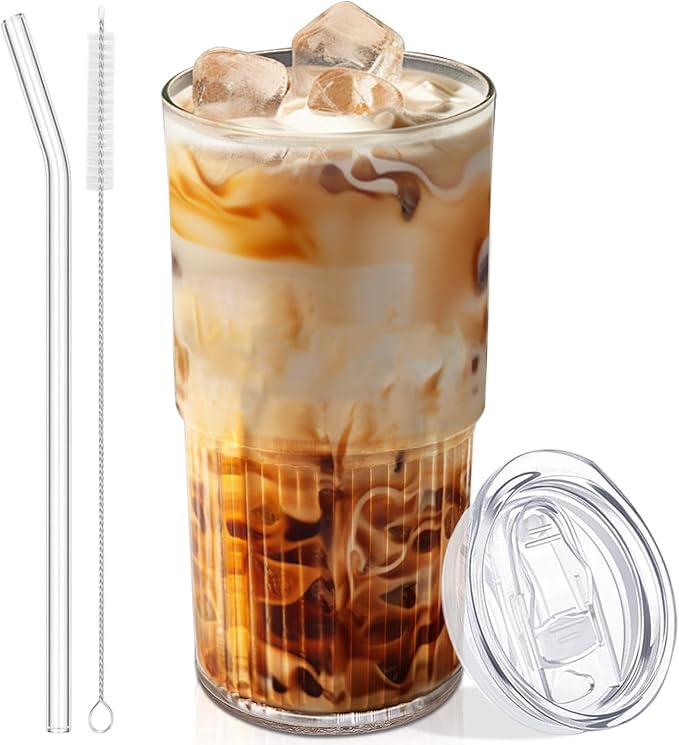 Luiaiog 18.5oz Glass Cups with Lids and Straws – Single Reusable Tumbler, Thickened Shatter-Resistant Glass, Ideal for Iced Coffee, Smoothies, Cocktails, Juices – Elegant & Durable Drinkware by Luiaiog