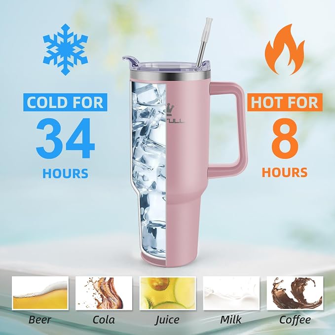 40 oz Tumbler with Handle and Straw Lid, 100% Leak-proof Travel Coffee Mug, Stainless Steel Insulated Cup for Hot and Cold Beverages, Keeps Cold for 34Hrs or Hot for 10Hrs, Dishwasher Safe (Pink) - Image 4