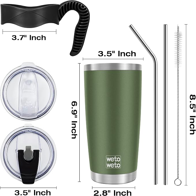 WETOWETO 20oz Insulated Stainless Steel Tumbler, Coffee Tumbler with 2 Lids and 2 Straws, Double Wall Vacuum Travel Coffee Mug, Powder Coated Leak-Proof Cup for Travel (Army Green, 1 Pack) - Image 3