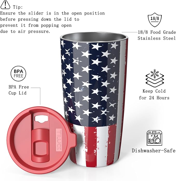 TILUCK 20 oz Insulated Tumbler with BPA-Free Lid, Stainless Steel Vacuum Travel Coffee Mug, Double Wall Coffee Tumbler（20oz，RedFlag） - Image 2