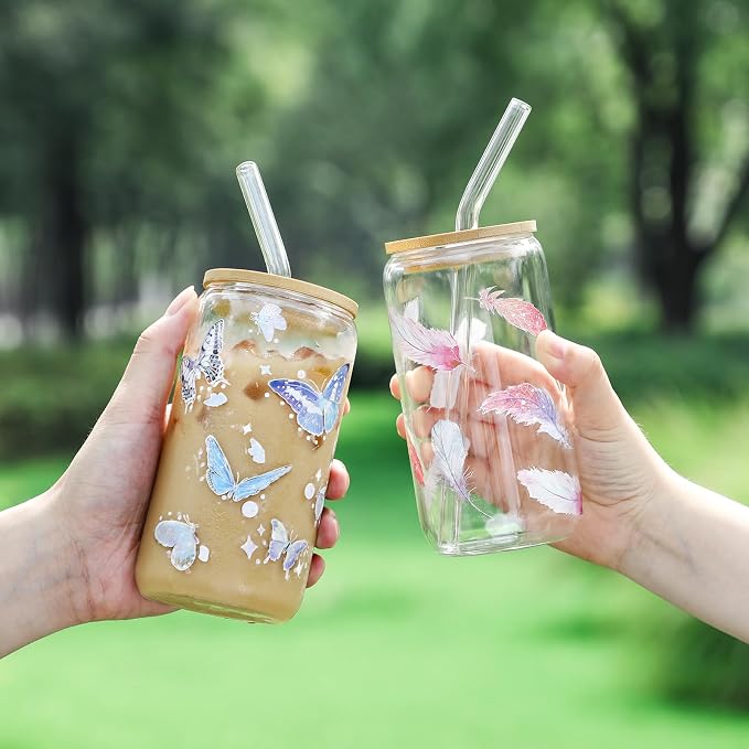 NETANY 1 Pack Glass Cups with Bamboo Lids and Straws 16 oz, Gifts for Women, Drinking glasses set, Iced Coffee, Tea Cup, Cute Aesthetics Tumbler Cup, Mothers Day, Birthday Gifts for Her Mom - Image 2