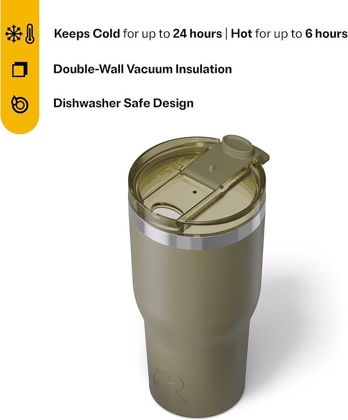 RTIC 30oz Essential Tumbler with Lid, Ceramic Lined, Insulated, Stainless Steel, Metal, Double Wall Vacuum-Insulation, Travel Cup for Iced Coffee, Tea, Hot and Cold Drink, Olive - Image 3