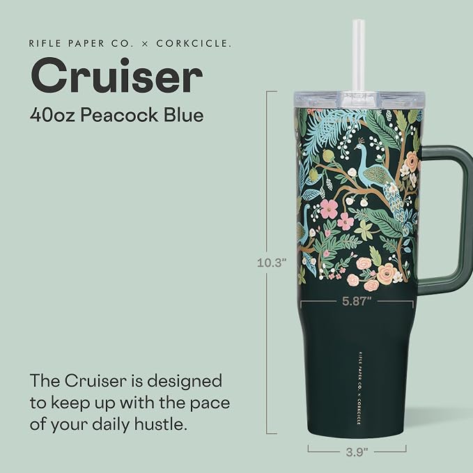 Corkcicle x Rifle Paper Co. Cruiser Insulated Tumbler with Handle & Straw - Keeps Drinks Cold 20 Hours - BPA-Free - Gift for Mom - Great for Mother's Day or Christmas - 40 oz - Peacock Blue - Image 2