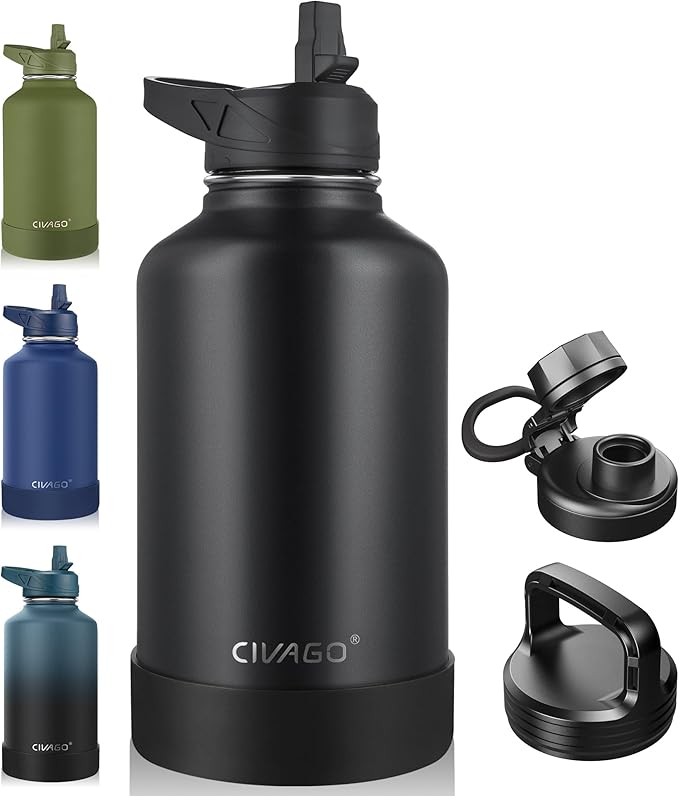 CIVAGO 64 oz Insulated Water Bottle With Straw, Half Gallon Stainless Steel Sports Water Flask Jug with 3 Lids (Straw, Spout and Handle Lid), Large Metal Thermal Cup Mug, Midnight Black by CIVAGO