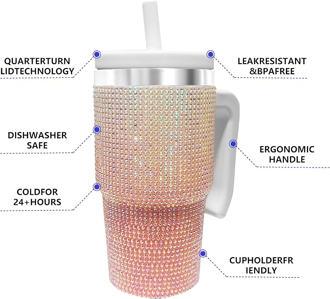 2PCS 20-OZ Insulated Water Bottle,Insulated Stainless Steel Tumbler,Reusable Cold Drink Thermos,BPA-Free, Double-Wall Stainless Steel Water Bottle (Pink White Gradient-Diamonds, 20, Fluid Ounces) - Image 5