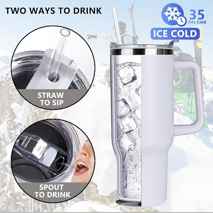 SYACOT 40 oz Tumbler with Handle and Straw Stainless Steel Insulated Tumbler Leak Proof Lid and Straw Lid Reusable Travel Mug Coffee Mug Cup Dishwasher Safe Keep Drinks Cold and Hot (Winter White) - Image 3
