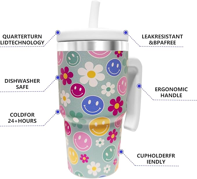 2PCS 20-OZ Insulated Water Bottle,Insulated Stainless Steel Tumbler,Reusable Cold Drink Thermos,BPA-Free, Double-Wall Stainless Steel Water Bottle (Green-Simleyface Flowers, 20, Fluid Ounces) - Image 5