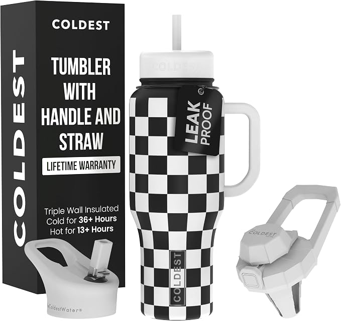 Coldest Tumbler with Handle and Straw - 100% Spill Proof Tumbler with Straw (3 Lids) - Stainless Steel Insulated Leakproof Tumblers for Women & Men - 36 oz (Black and White Checkers) by Coldest