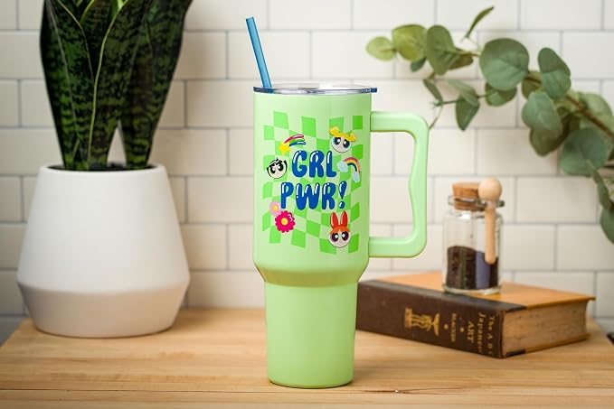 Silver Buffalo Powerpuff Girls Girl Power Groovy Retro Featuring Blossom, Bubbles, and Buttercup Double Walled Stainless Steel Tumbler with Handle and Straw, Fits in Standard Cup Holder, 40 Ounces - Image 6