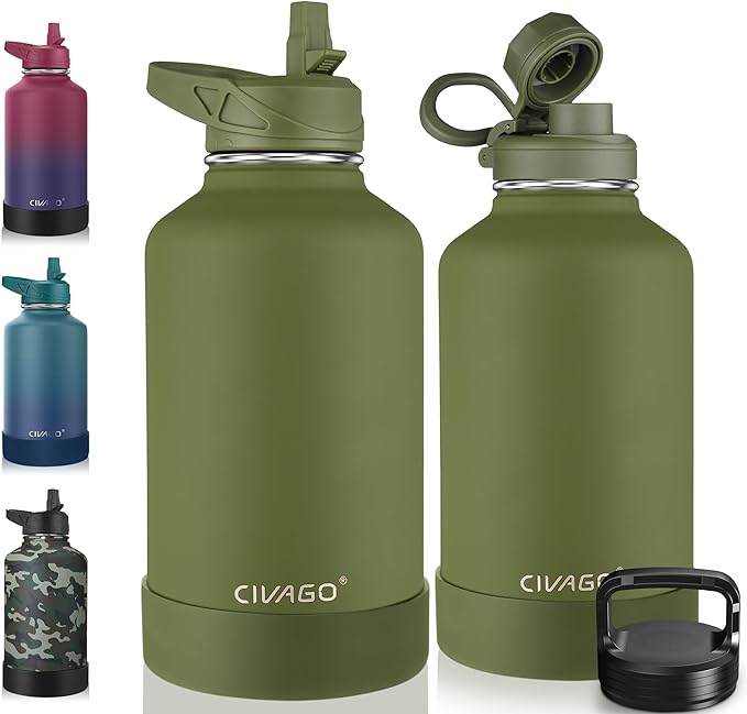 CIVAGO 64 oz Insulated Water Bottle With Straw, Half Gallon Stainless Steel Sports Water Flask Jug with 3 Lids (Straw, Spout and Handle Lid), Large Metal Thermal Cup Mug, Army Green by CIVAGO