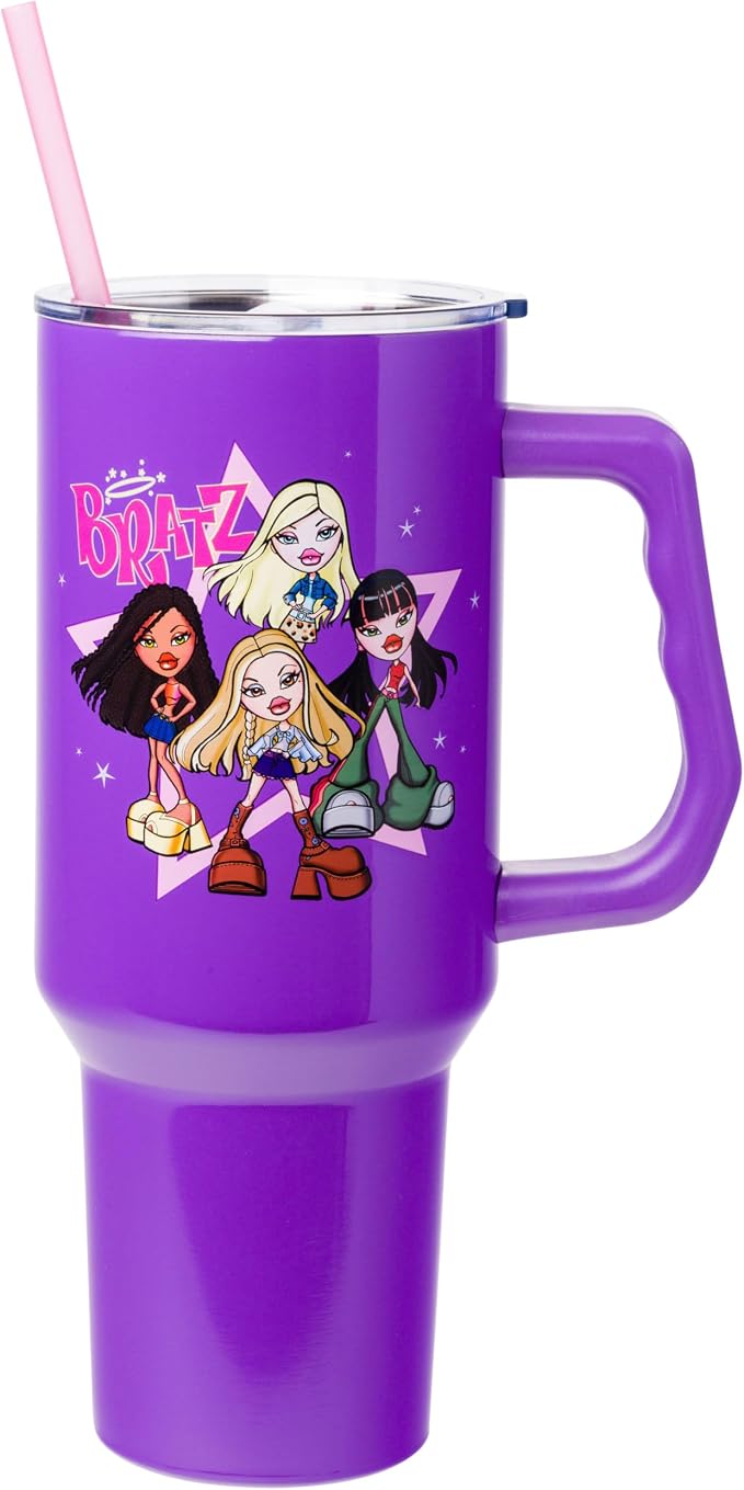 Silver Buffalo Bratz Featuring Cloe, Yasmin, Jade, and Sasha Double Walled Stainless Steel Tumbler with Handle and Straw, Fits in Standard Cup Holder, 40 Ounces by SilverBuffalo