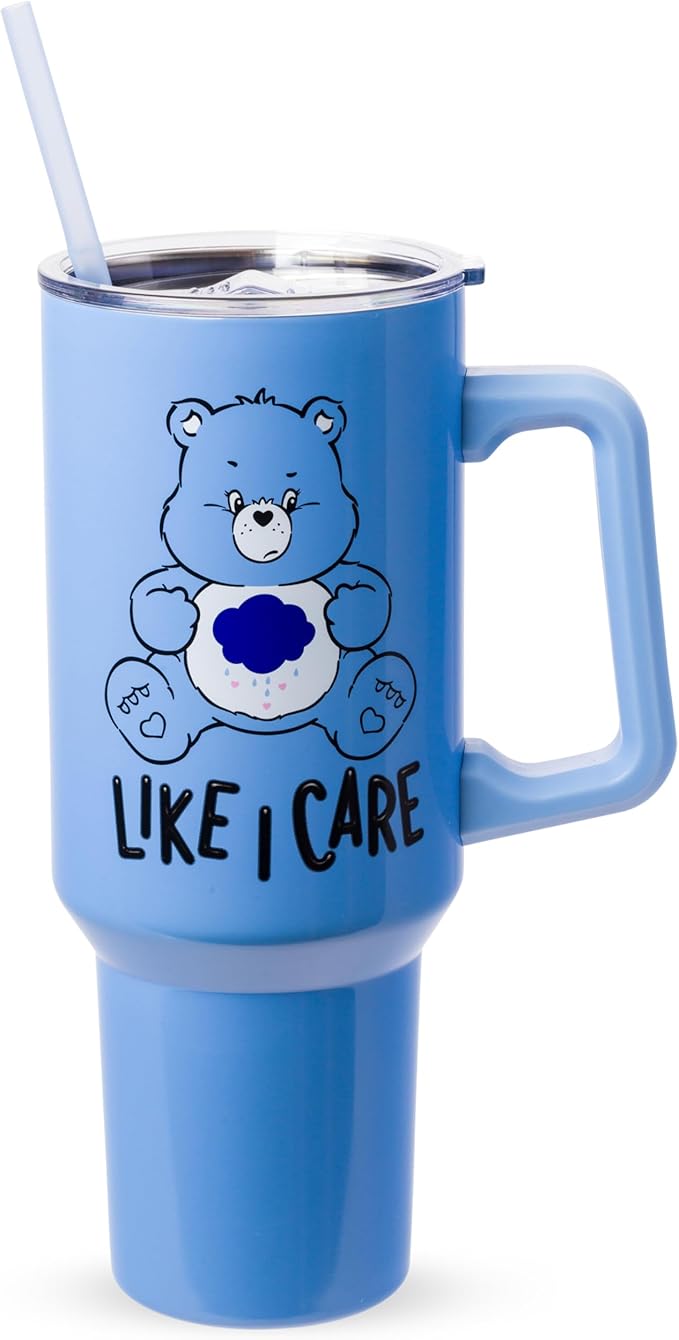 Silver Buffalo Care Bears Grumpy Bear Like I Care Double Walled Stainless Steel Tumbler with Handle and Straw, Fits in Standard Cup Holder, 40 Ounces by SilverBuffalo
