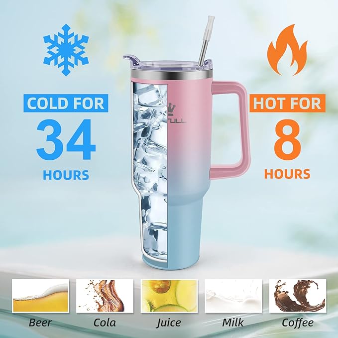 40 oz Tumbler with Handle and Straw Lid, 100% Leak-proof Travel Coffee Mug, Stainless Steel Insulated Cup For Beverages, Keeps Cold for 34Hrs or Hot for 10Hrs, Dishwasher Safe (PinkBlue) - Image 4