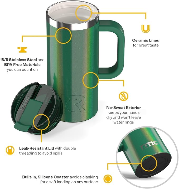 RTIC 16oz Road Trip Travel Mug with Lid and Handle, Ceramic Lined, Insulated, Stainless Steel, Metal, Double Wall Vacuum-Insulation, Portable Coffee, Tea Cup for Hot and Cold Drink, Pine Tree Glitter - Image 3