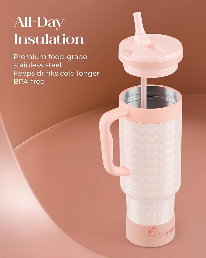 40 oz Insulated Tumbler with Handle and Push-Button Straw Lid, Stainless Steel Travel Cup for Gym Office, Leakproof, BPA-Free, Cup Holder Friendly, Bow Silicone Boot, Cream (Coquette Peachy) - Image 4